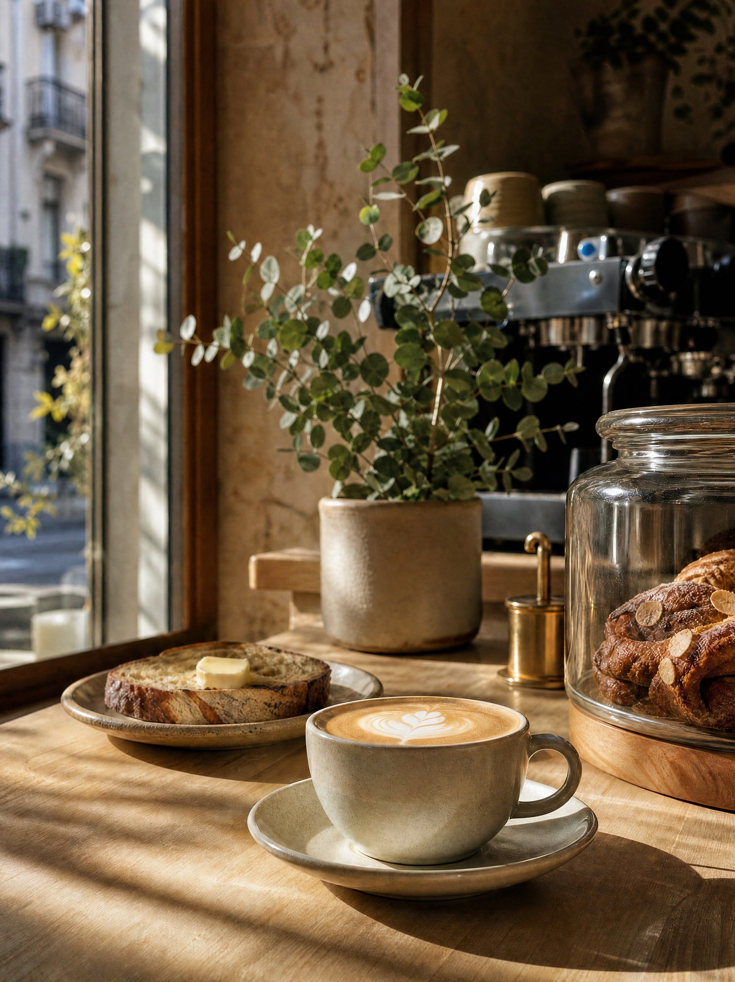 A flat white, buttered toast and pastries on a sunlit timber café counter