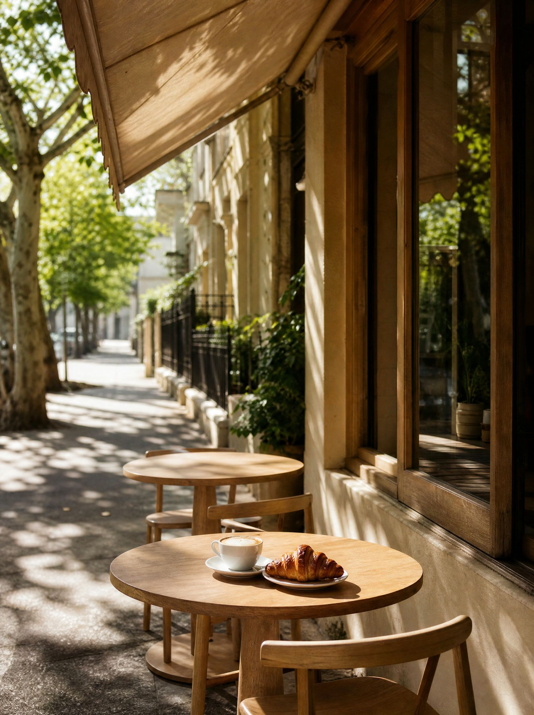 Café tables on a leafy footpath under an oat canvas awning