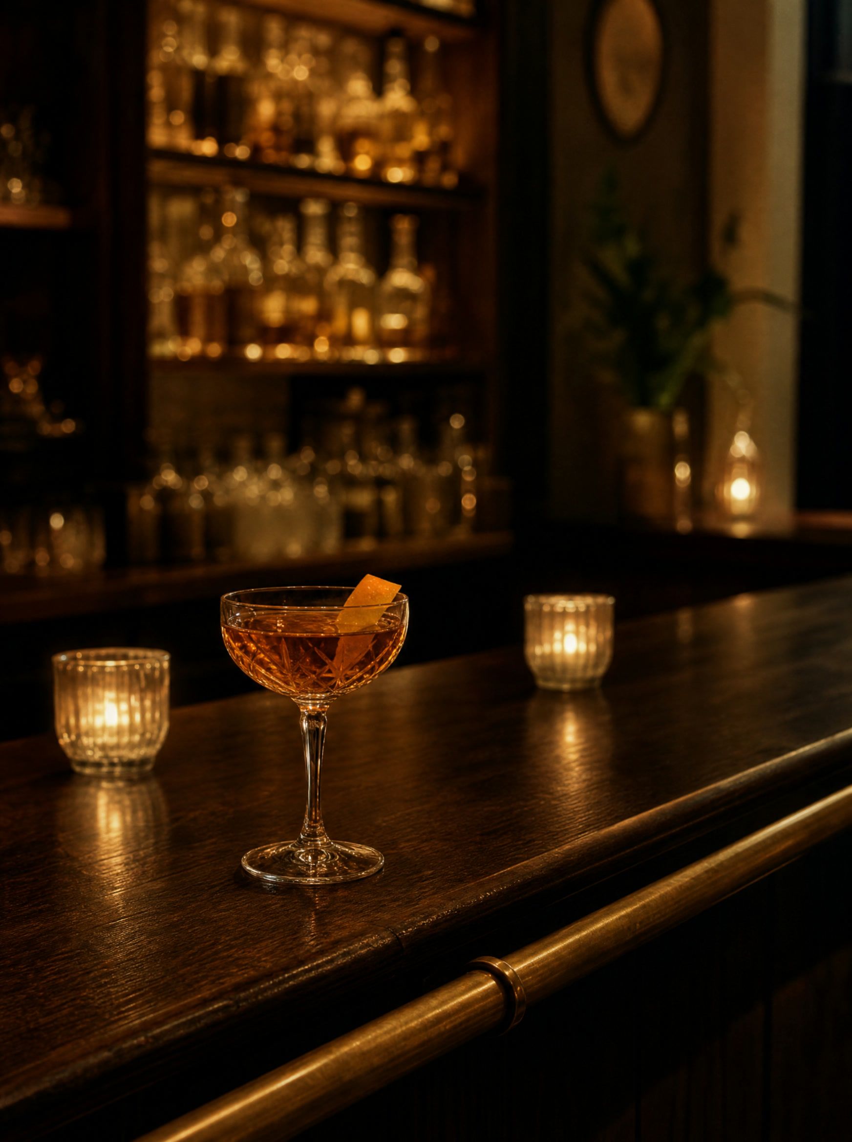 A stirred drink in a crystal coupe on a dark timber bar, lit by candles