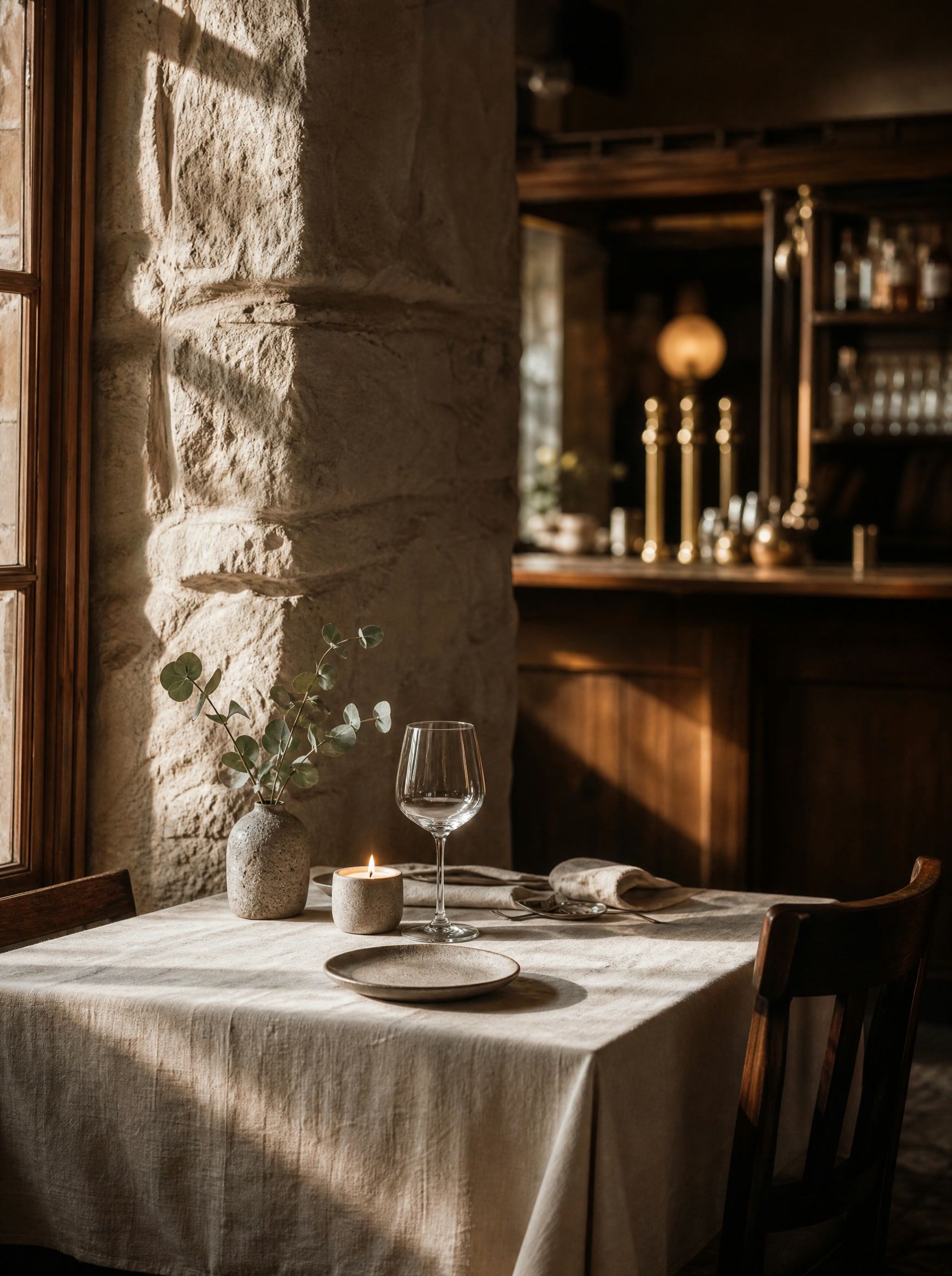 A table dressed in linen beside a sunlit sandstone wall, set with a candle, a wine glass and a sprig of eucalyptus