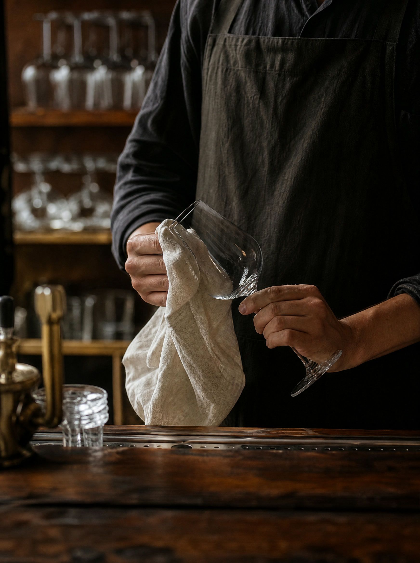A bartender polishing a wine glass with a linen cloth before opening