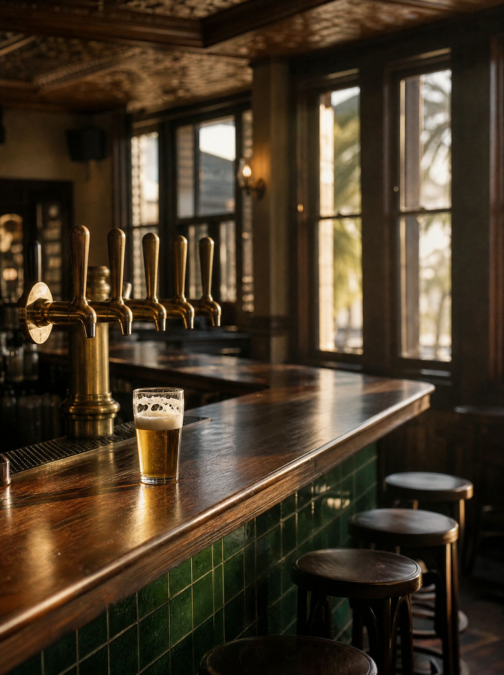 A glass of beer on a timber pub bar with brass taps and green tiles