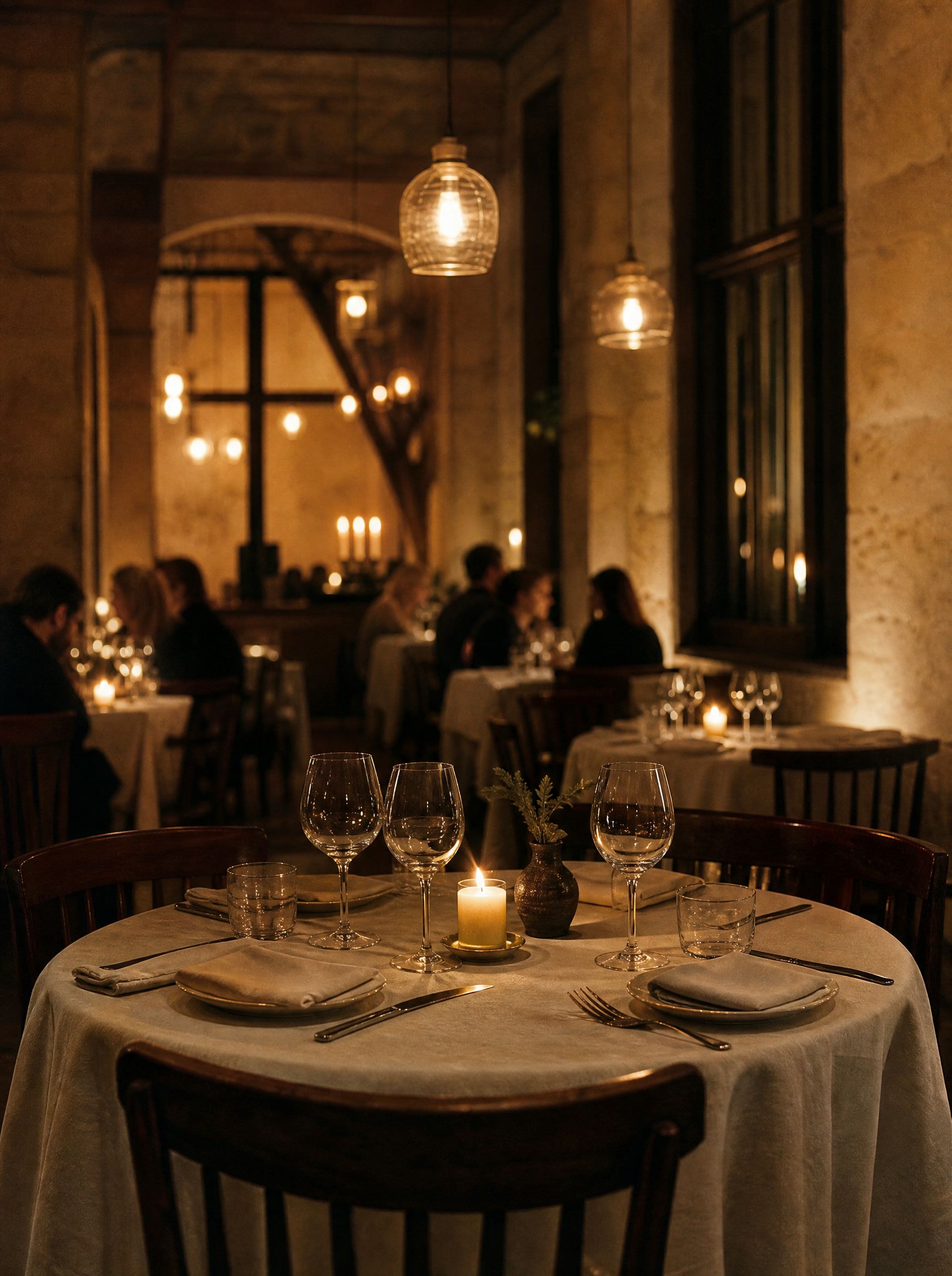A candlelit restaurant dining room with linen-dressed tables and sandstone walls