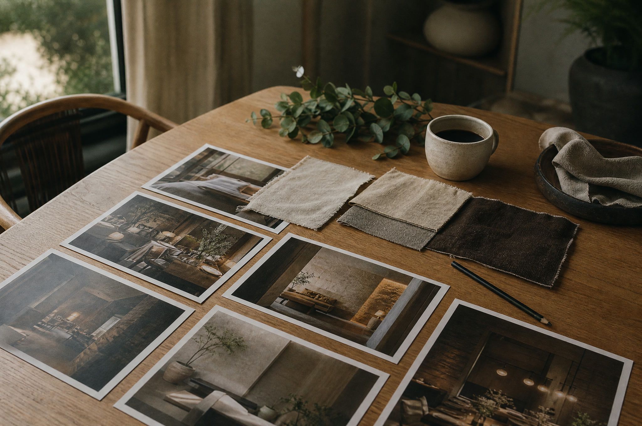 Photographs of restaurant interiors and linen swatches laid out on an oak table beside a cup of coffee
