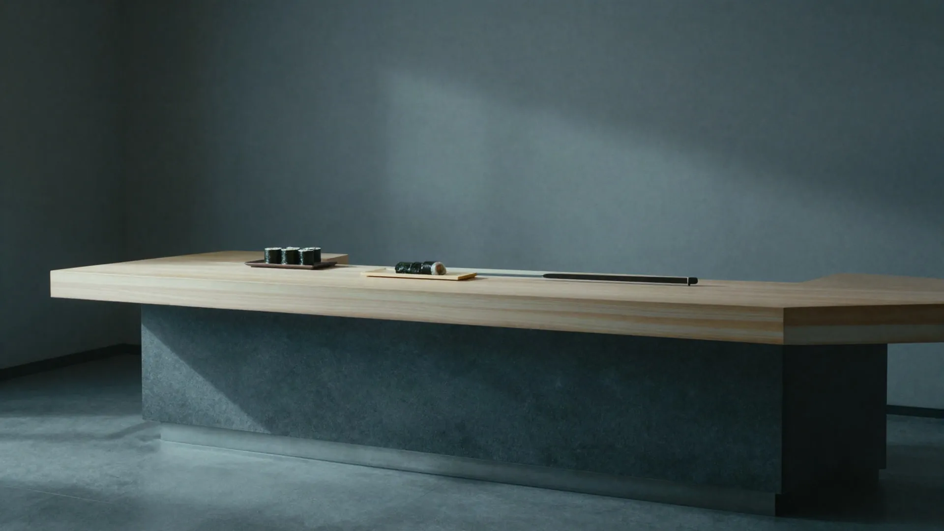 The full length of the cypress counter under one shaft of light